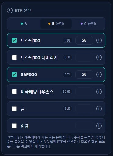 지수 선택과 비중 입력, A/B/C 포트폴리오 비교 화면